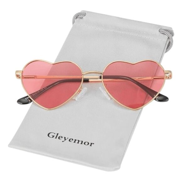 Polarized Heart Shaped Sunglasses Pink Gold Metal Frame - Picture 1 of 7